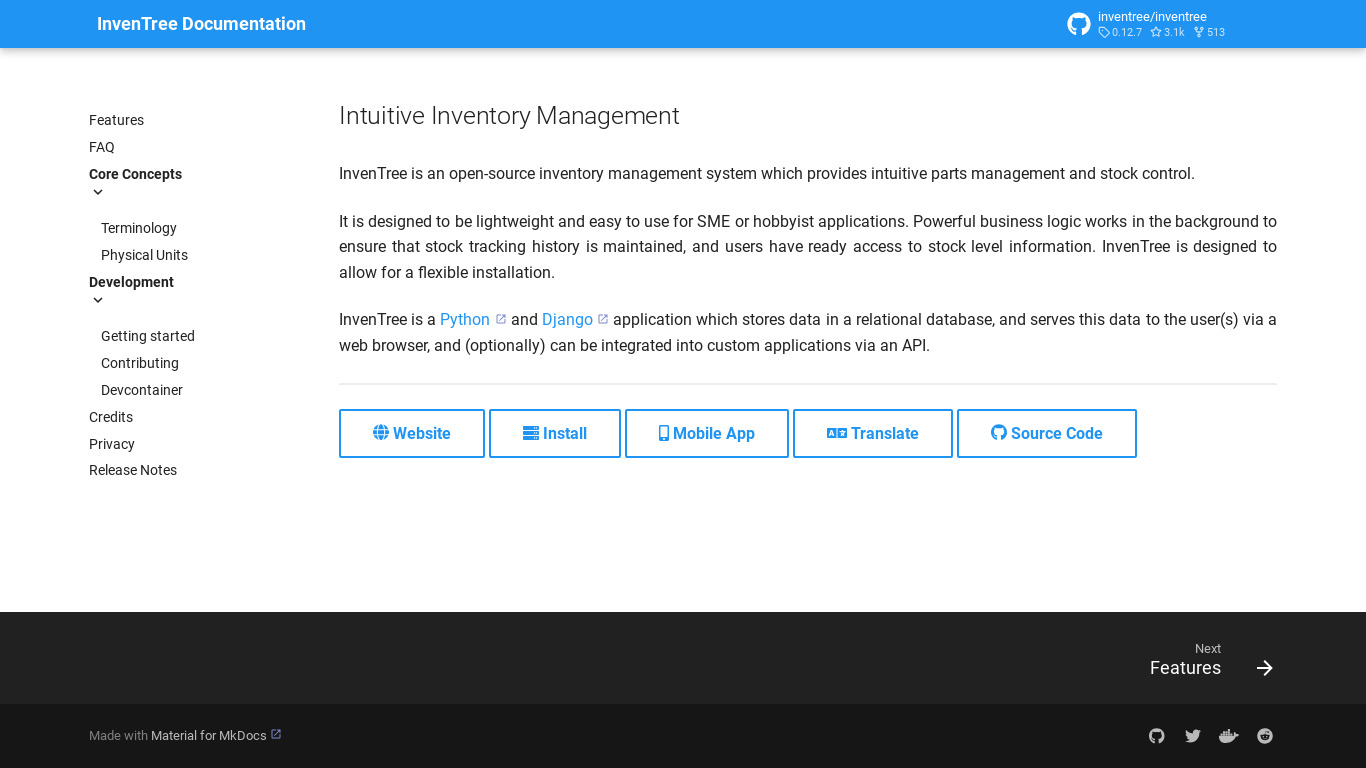 InvenTree Landing page