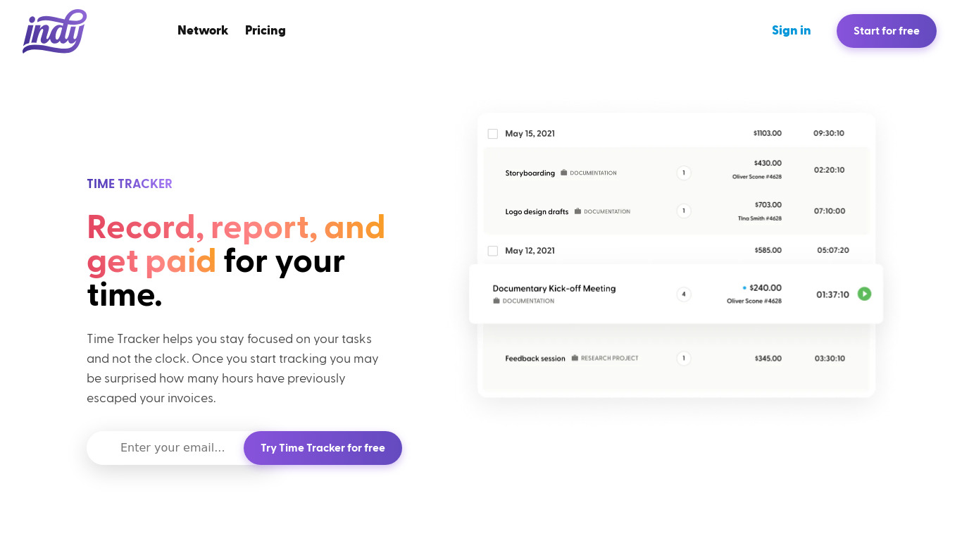 Indy Time Tracker Landing page