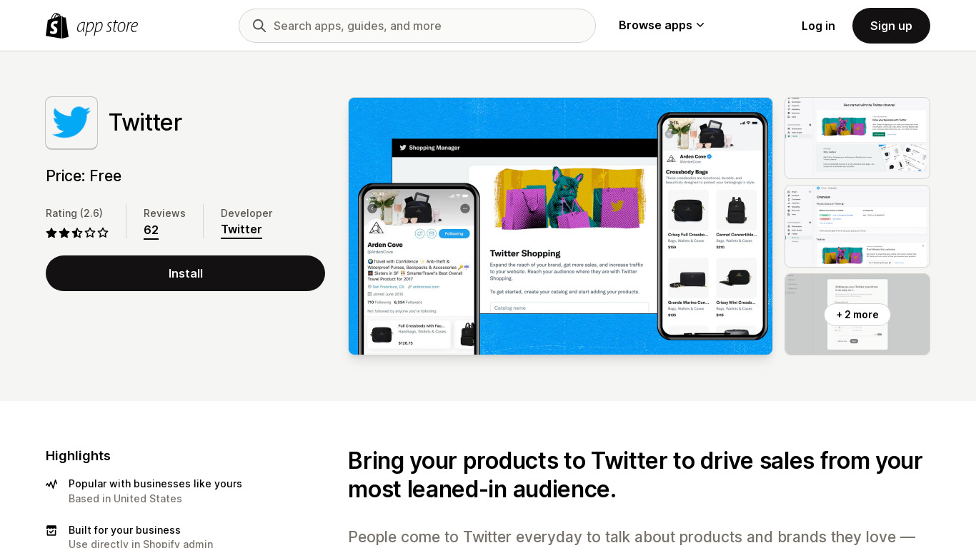Twitter add-on for Shopify Landing page