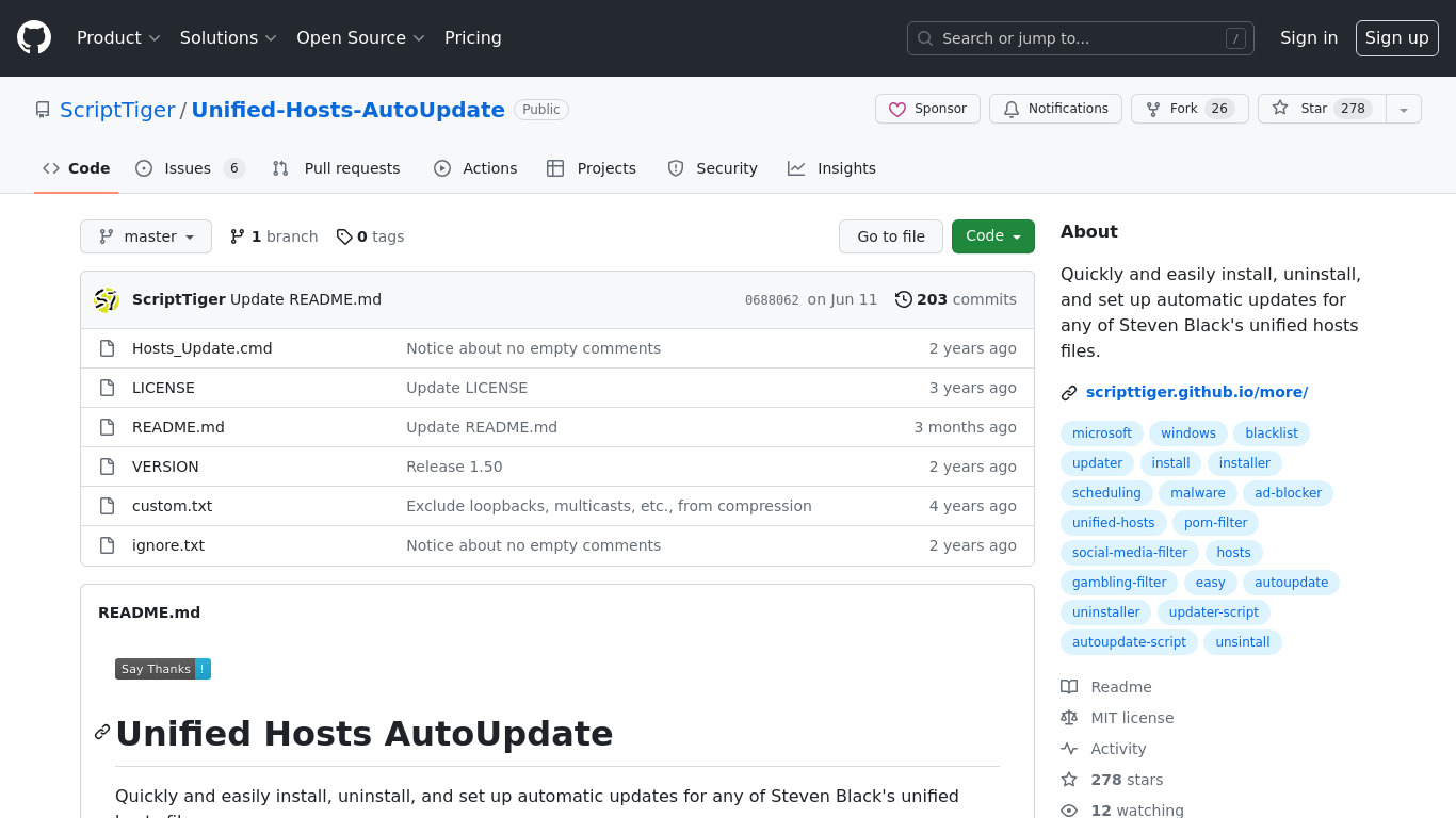 Unified Hosts AutoUpdate Landing page