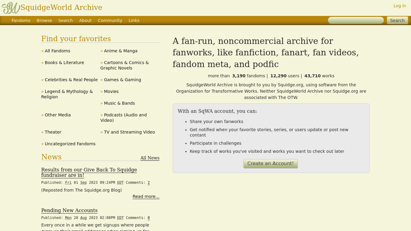 SquidgeWorld Archive Landing page