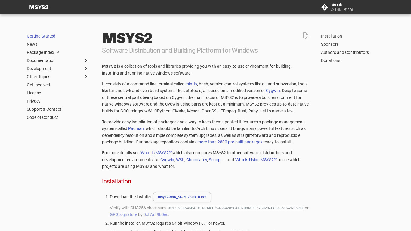 MSYS2 Landing page