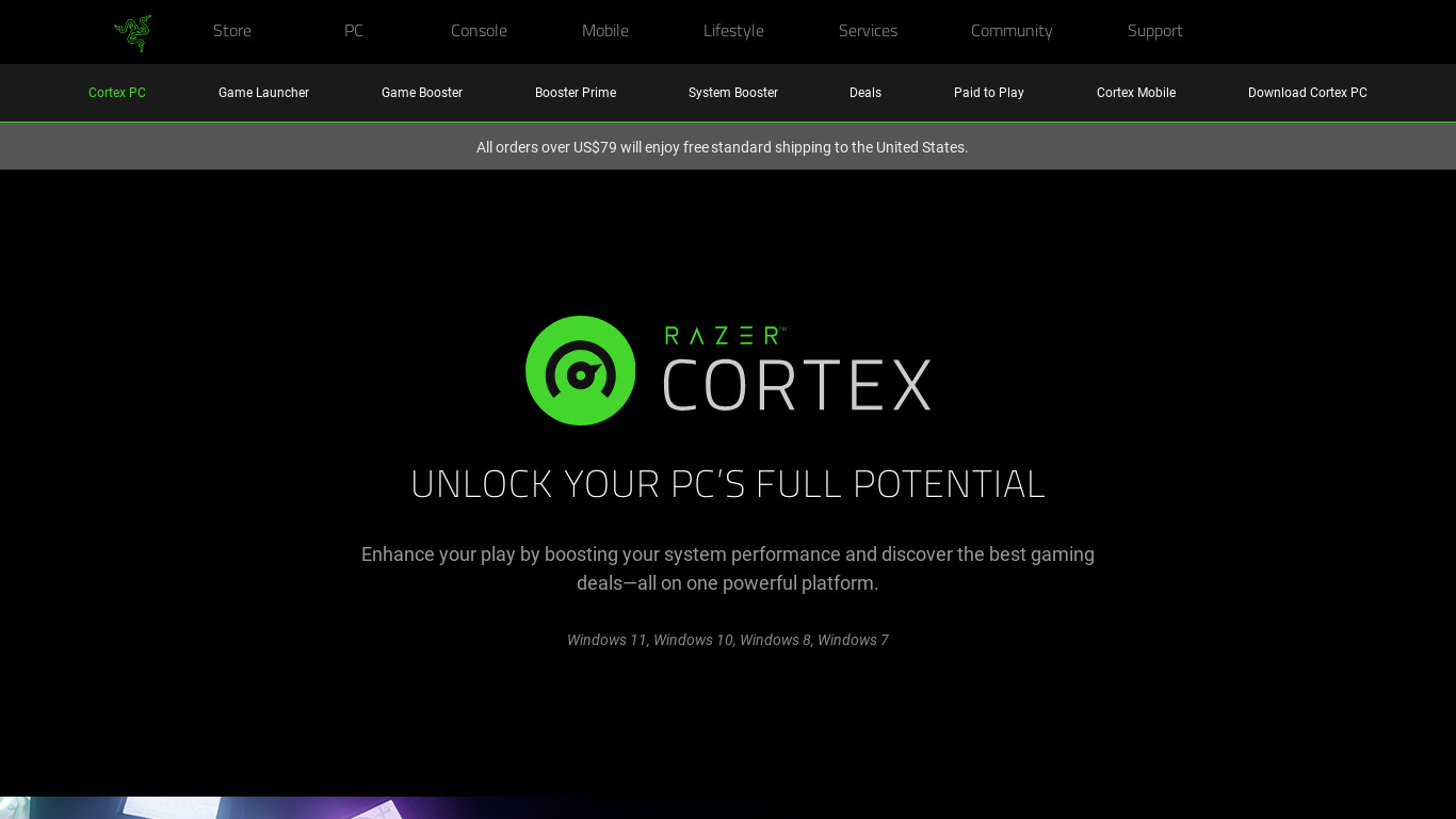 Razer Cortex Landing page