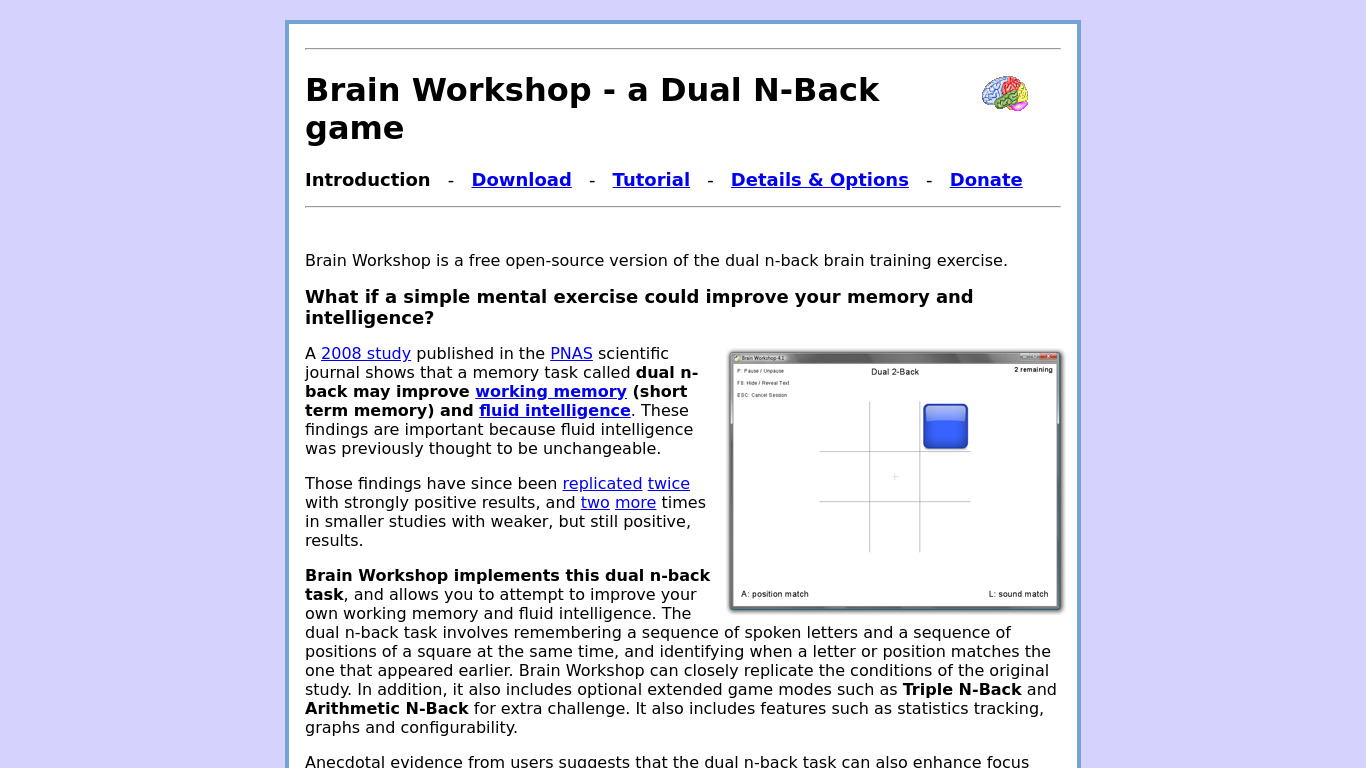 Brain Workshop Landing page