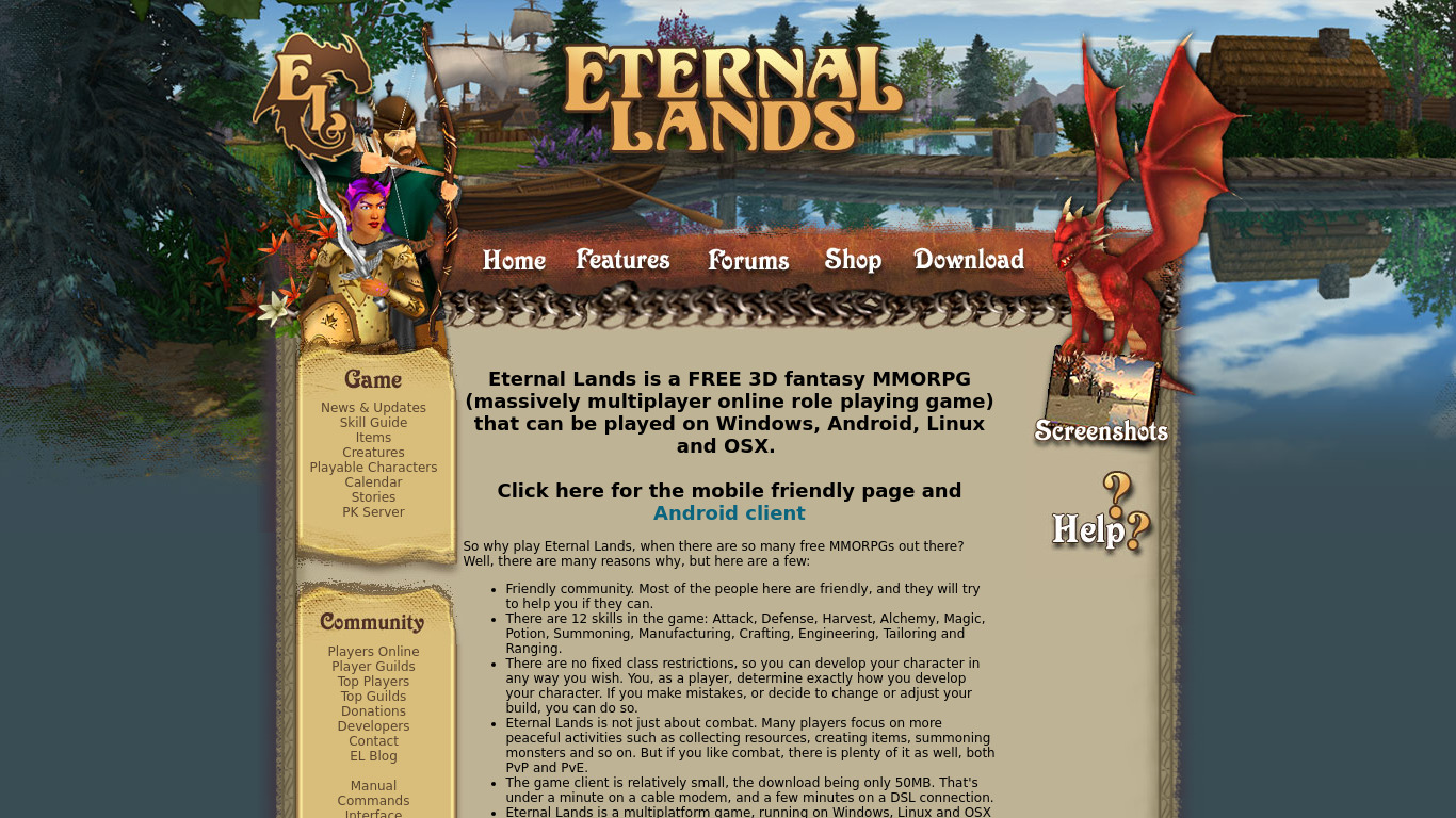 Eternal Lands Landing page