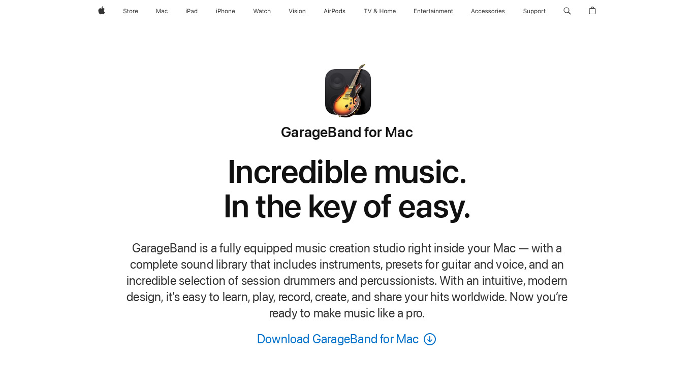 GarageBand Landing page