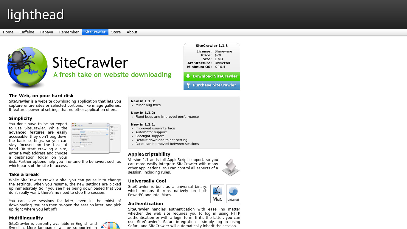 SiteCrawler Landing page