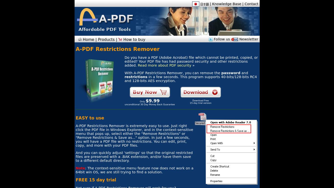 A-PDF Restrictions Remover Landing page