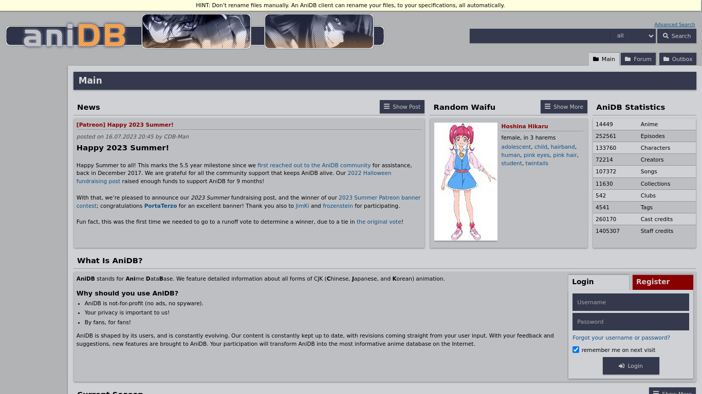 AniDB Landing page