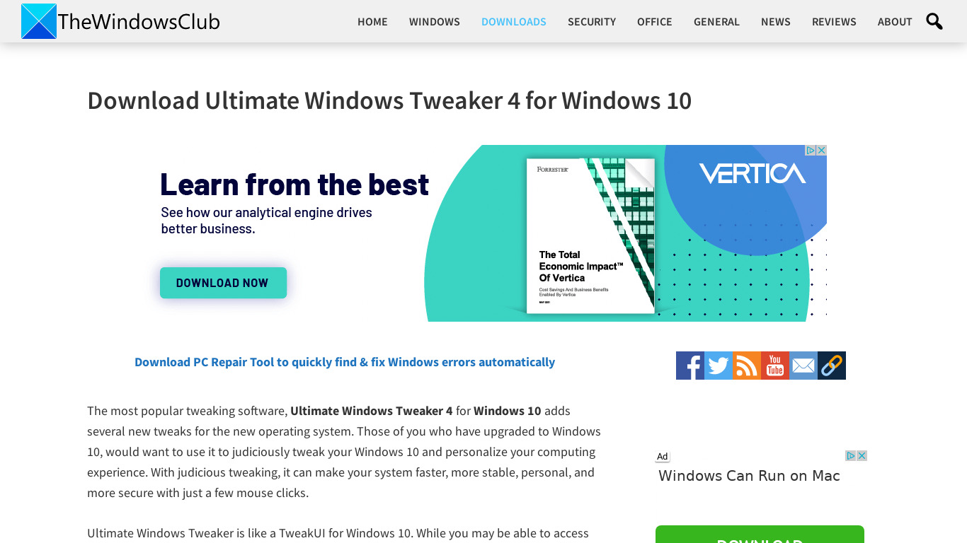 Ultimate Windows Tweaker Landing page