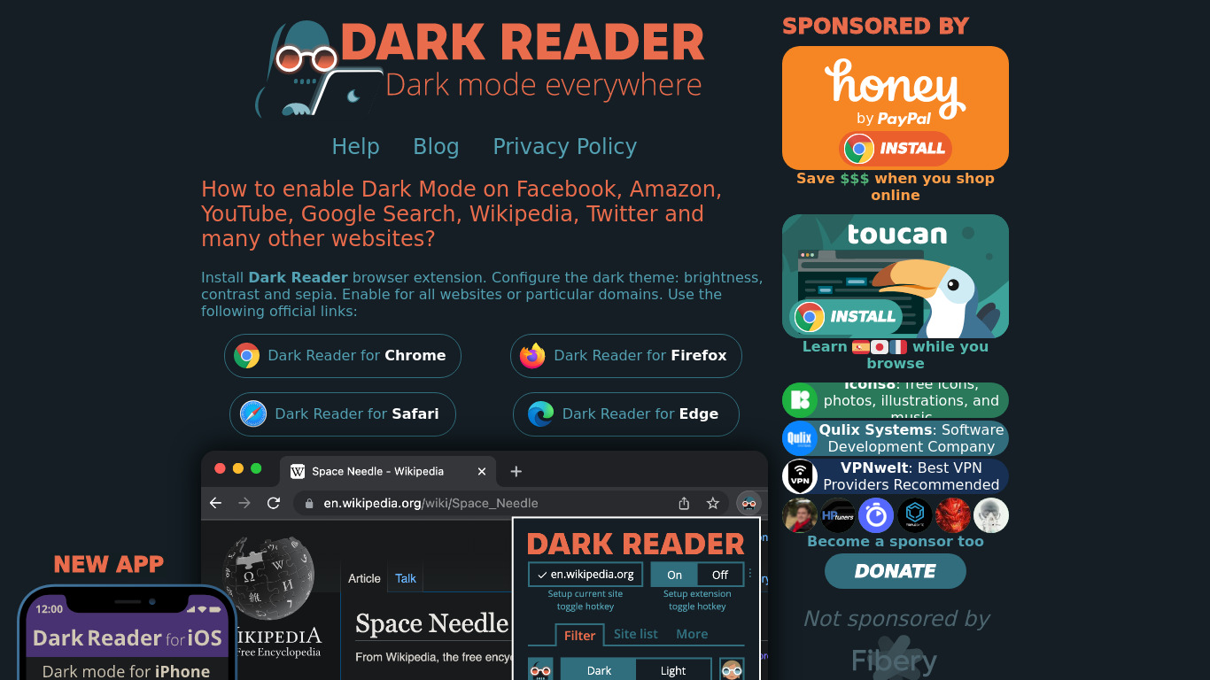 Dark Reader Landing page