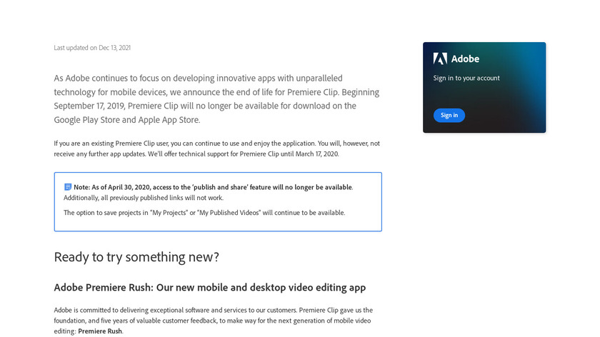 Adobe Premiere Clip Landing Page
