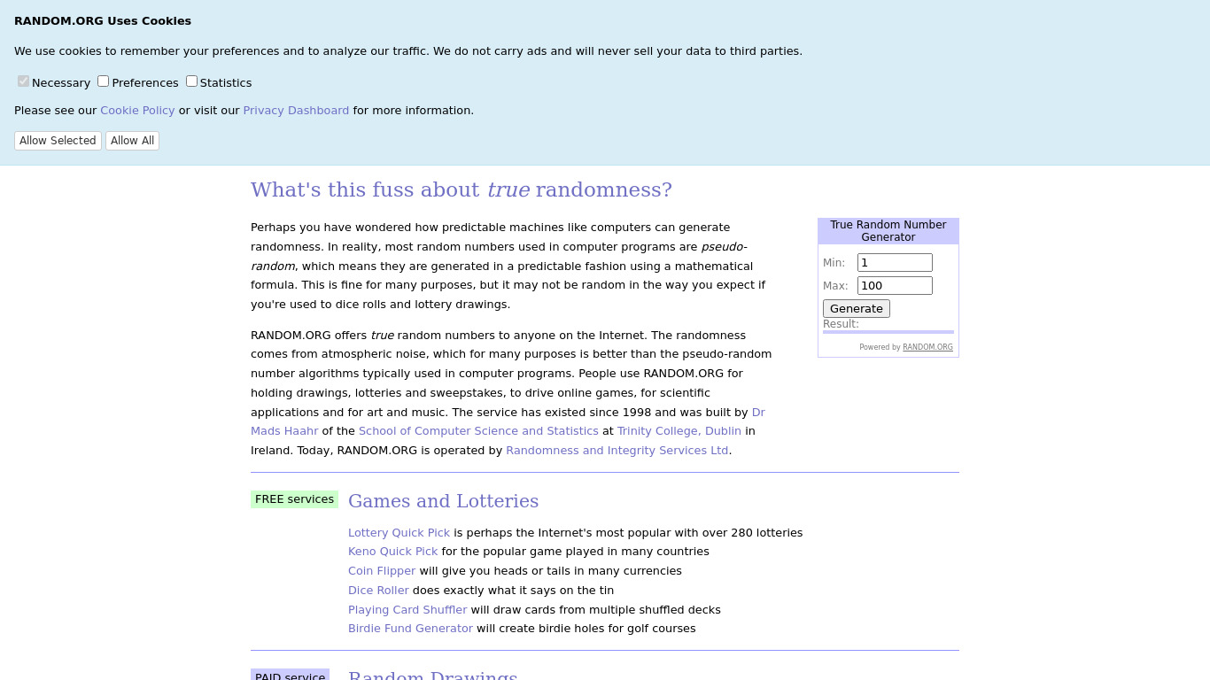 RANDOM.ORG Landing page