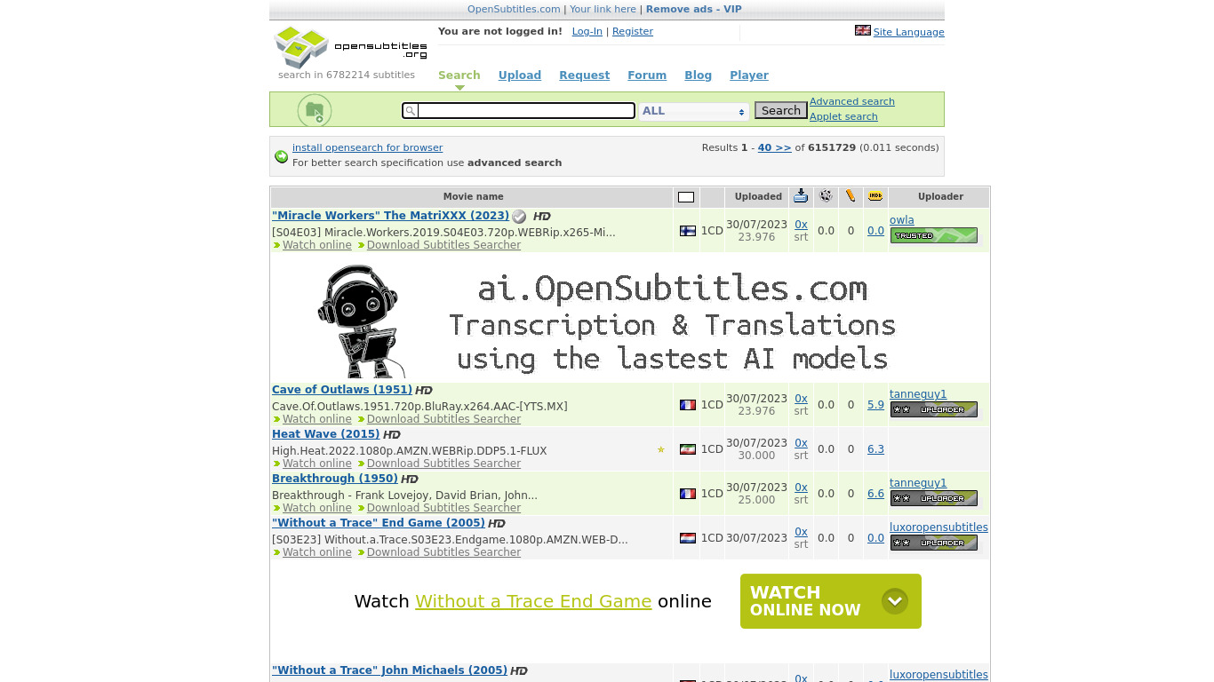 OpenSubtitles.org Landing page