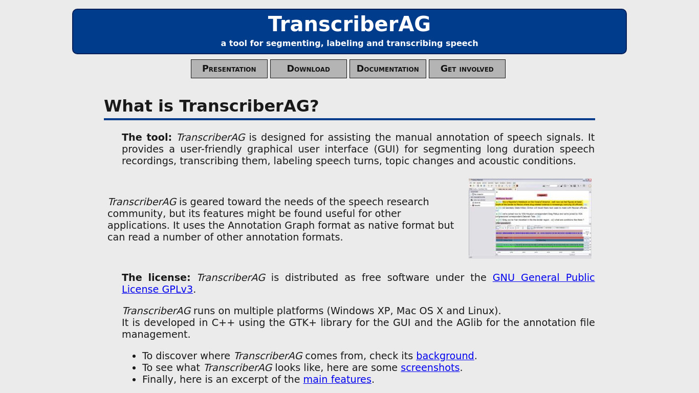 TranscriberAG Landing page