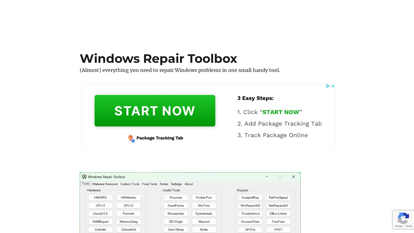 Windows Repair Toolbox Landing page