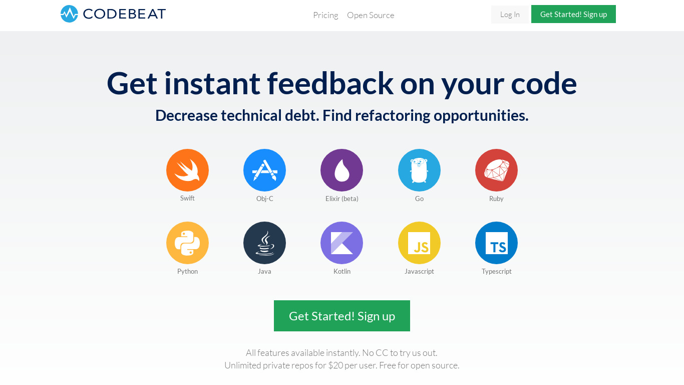 codebeat Landing page