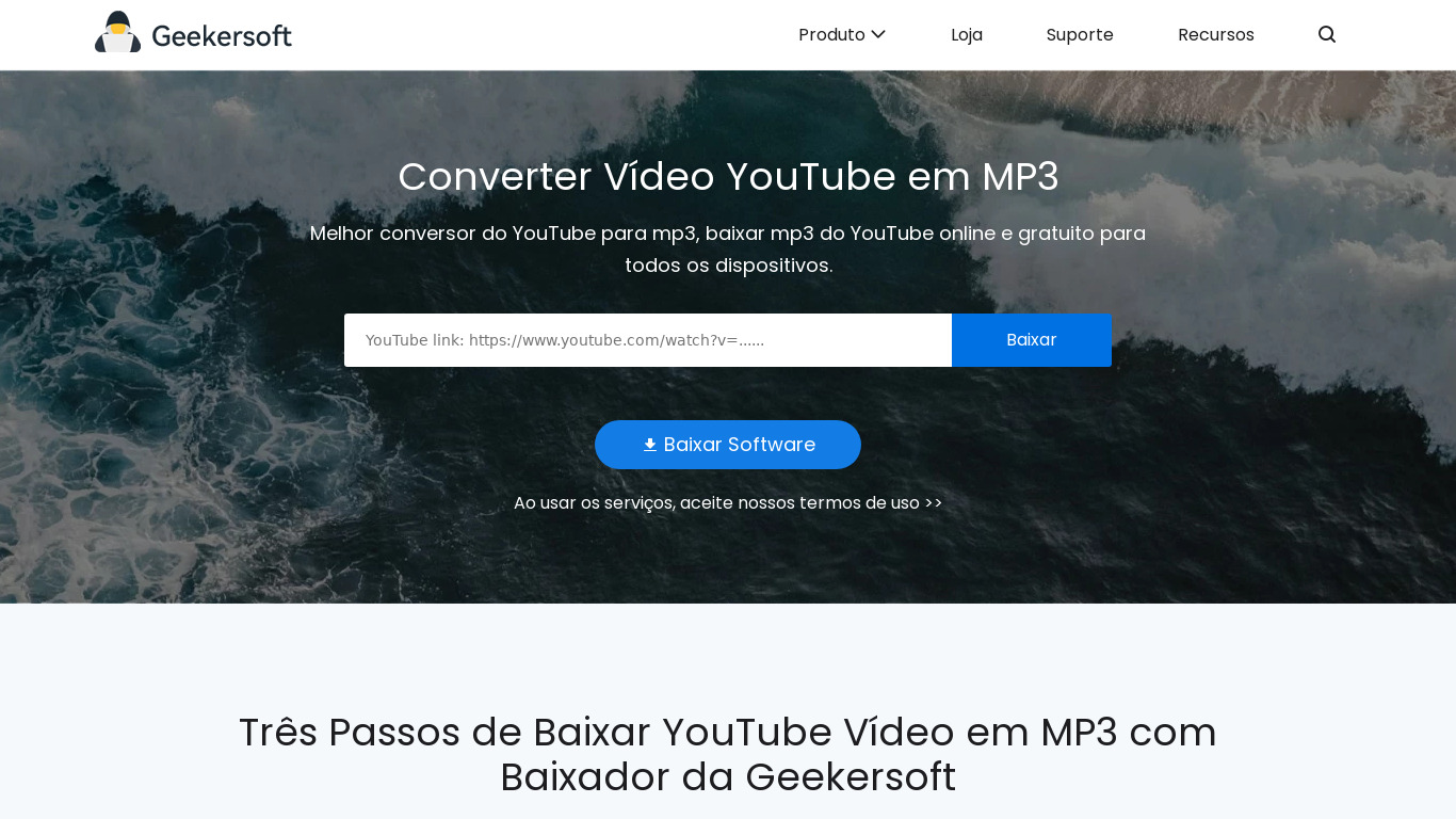 GeekersoftConverter Vídeo YouTube em MP3 Landing page