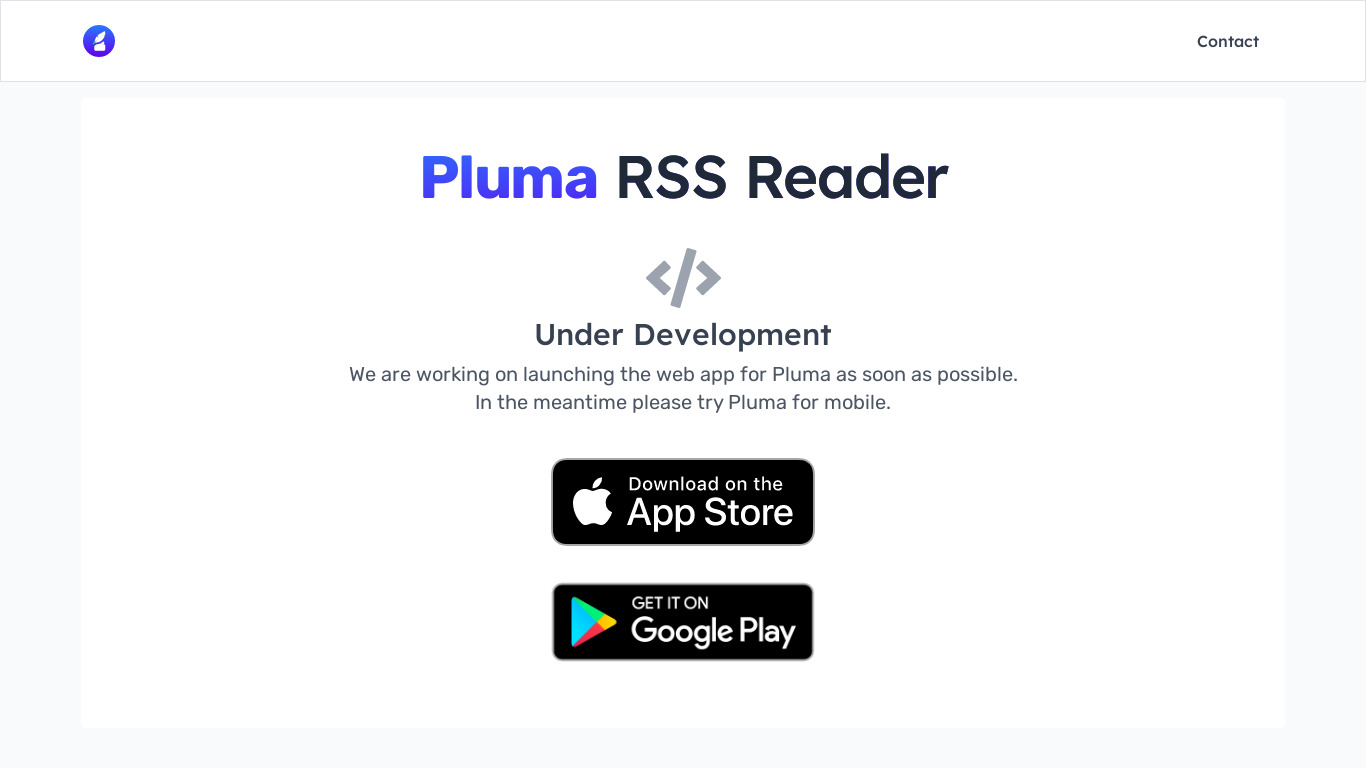 Pluma RSS Reader Landing page