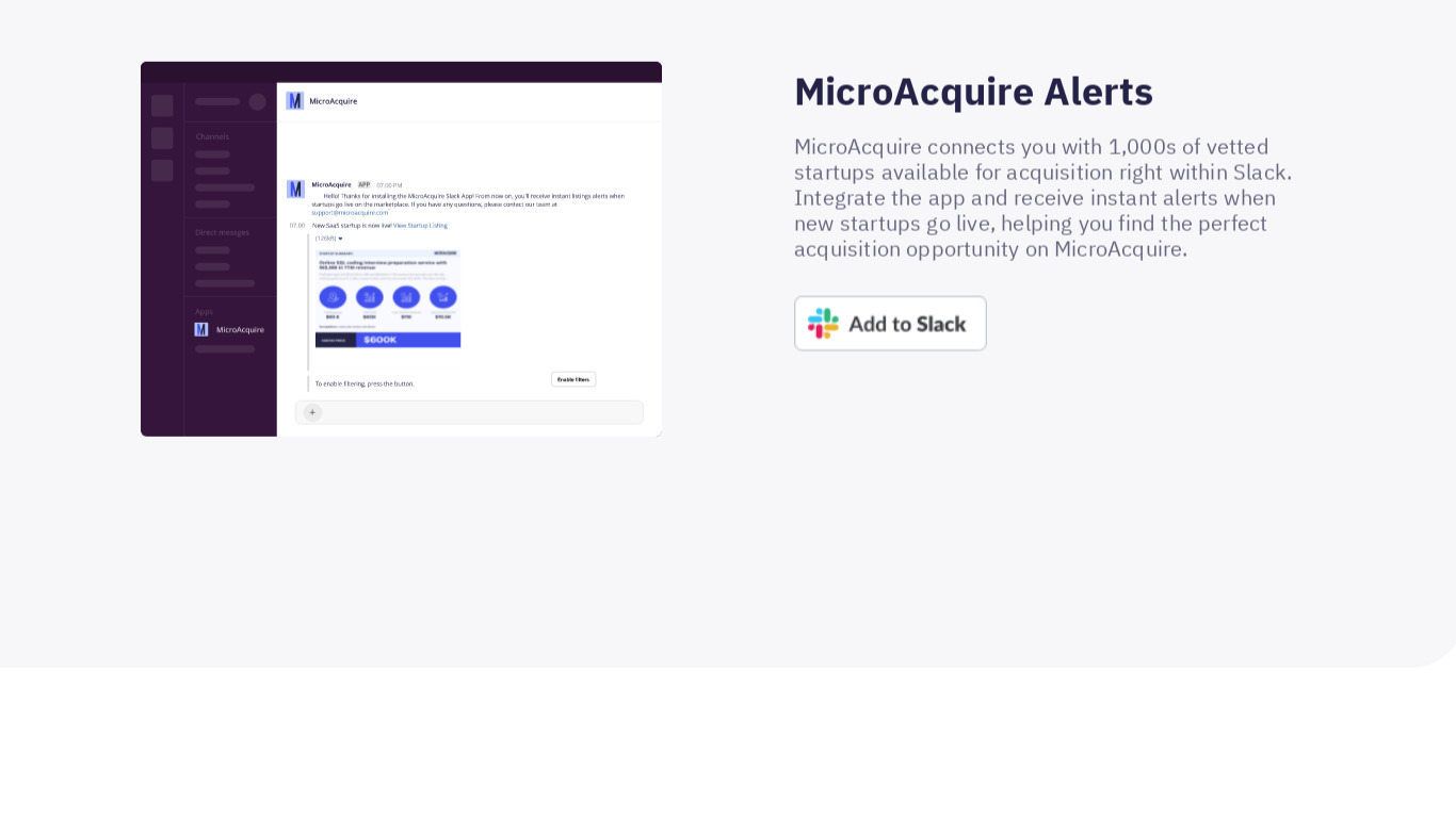 MicroAcquire App For Slack Landing page