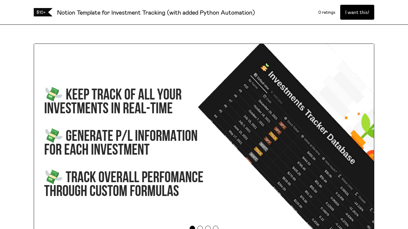Notion Template for Investment Tracking Landing page