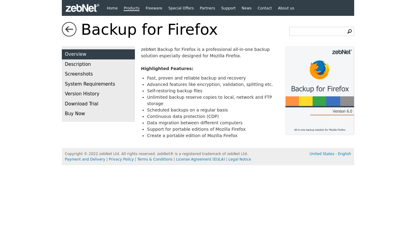 zebNet Backup for Firefox Landing page