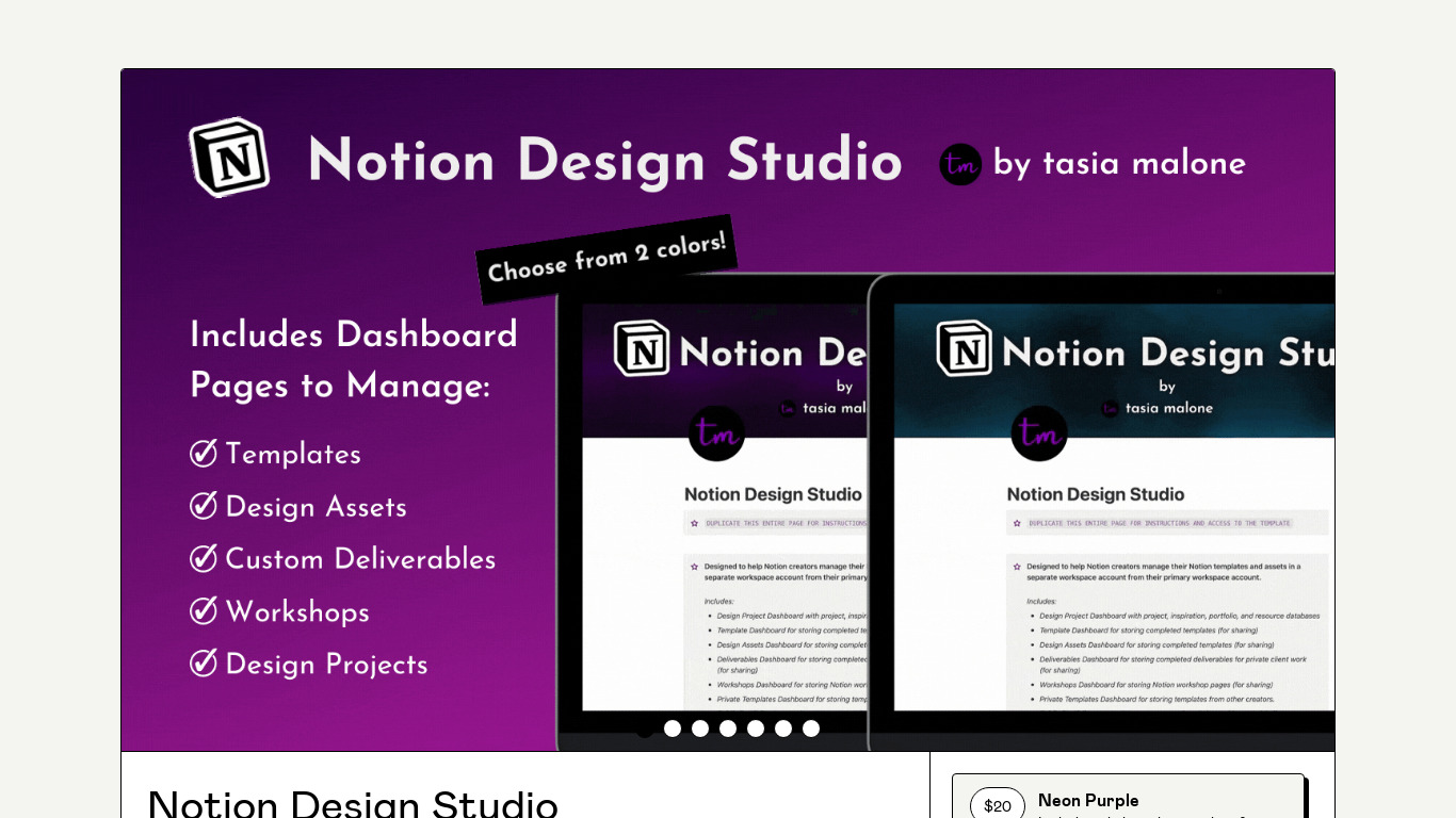 tasia.gumroad.com Notion Design Studio Landing page