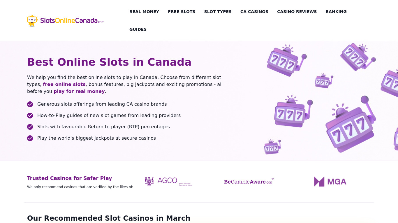 Slots Online Canada Landing page