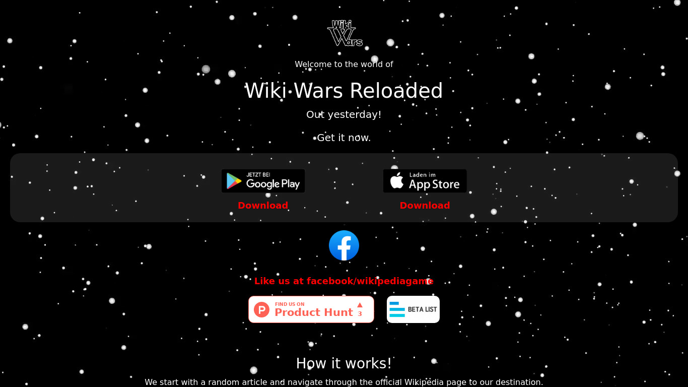 Wiki Game Reloaded (Wiki Wars) Landing page