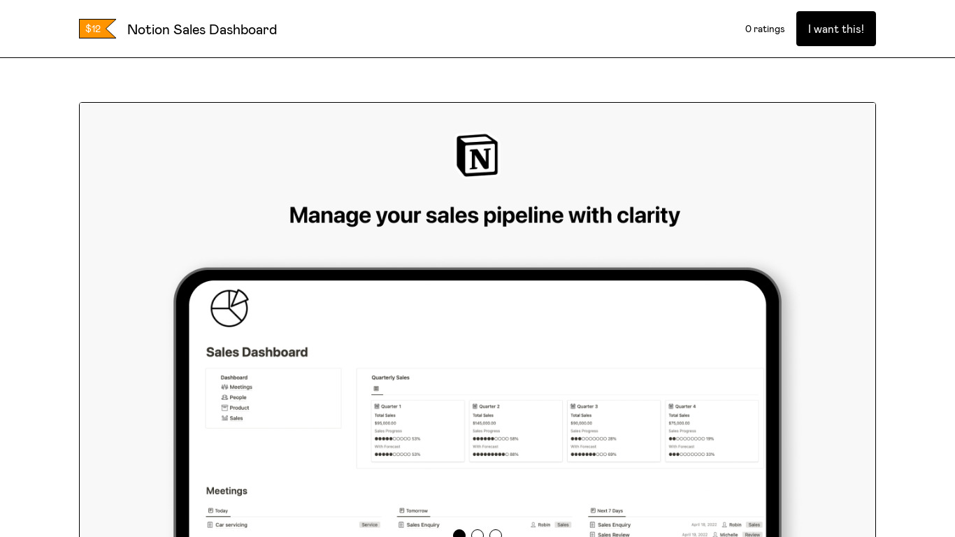 Notion Sales Dashboard Landing page