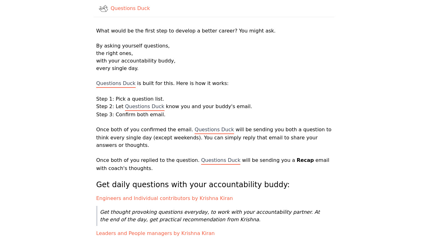 Questions Duck Landing page
