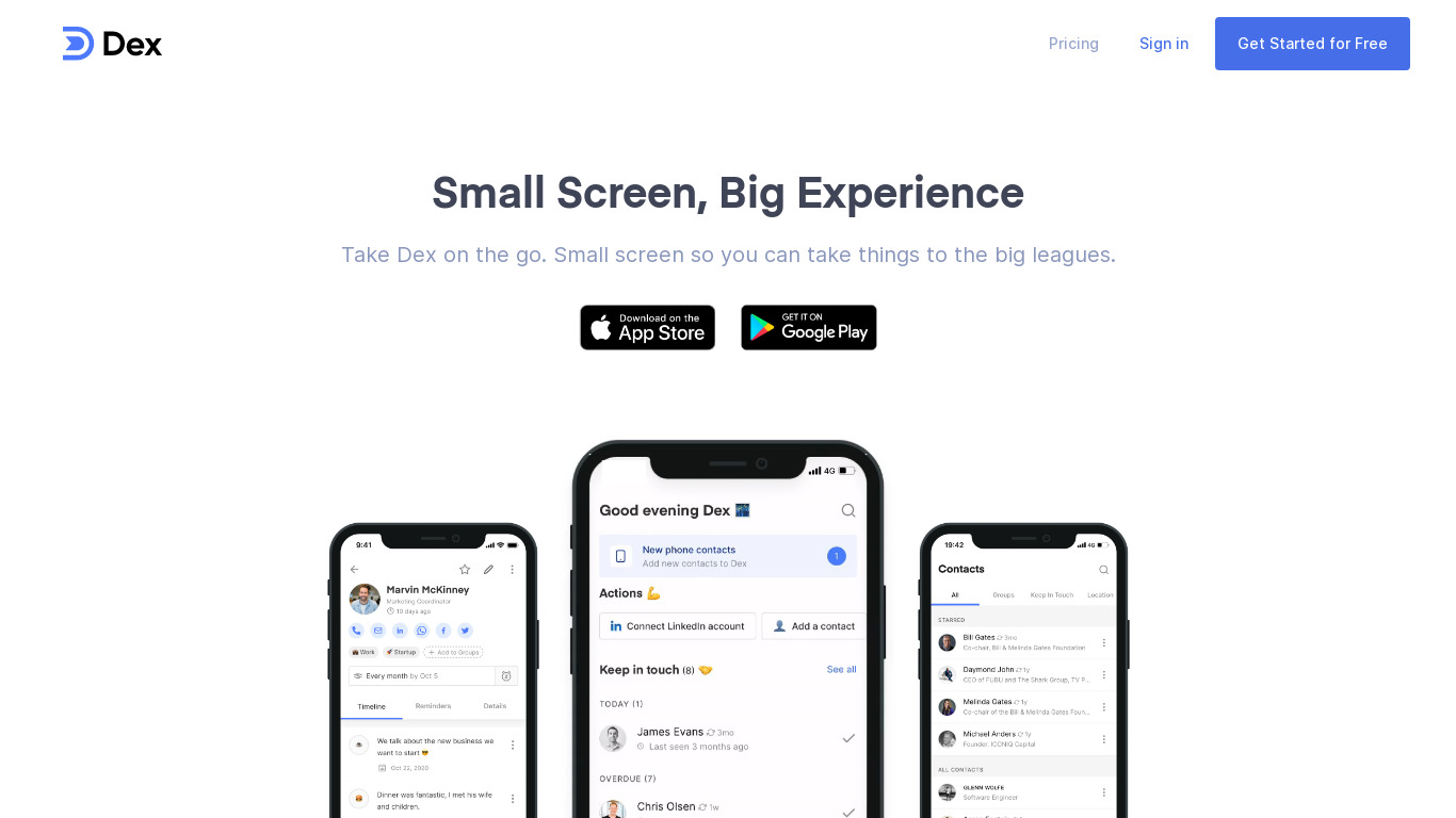 Dex for iOS and Android Landing page