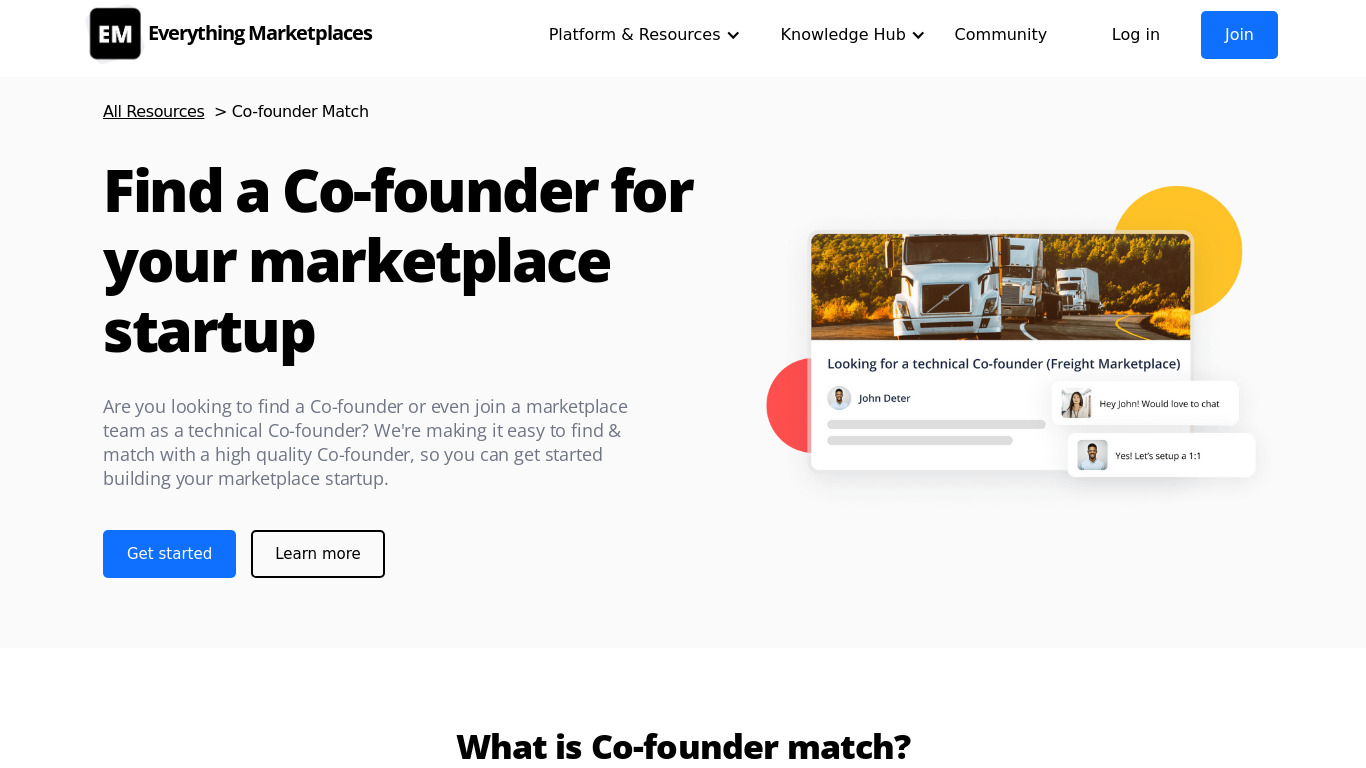 Marketplace Co-founder Match Landing page
