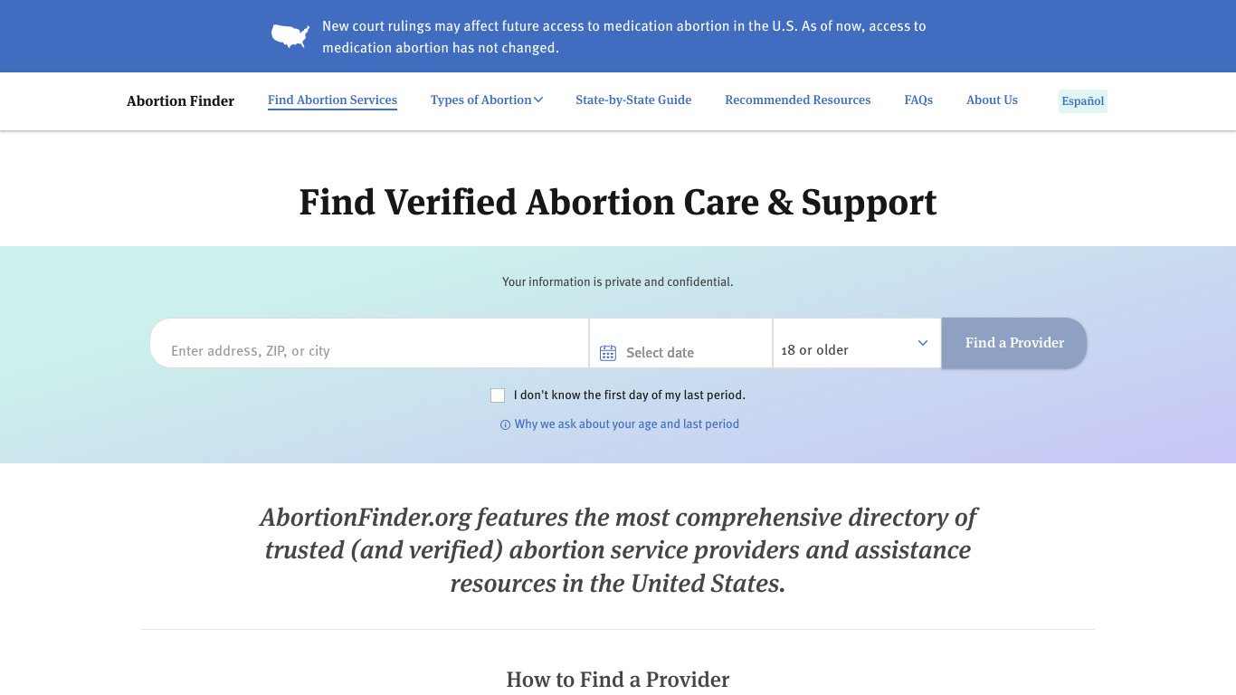AbortionFinder Landing page