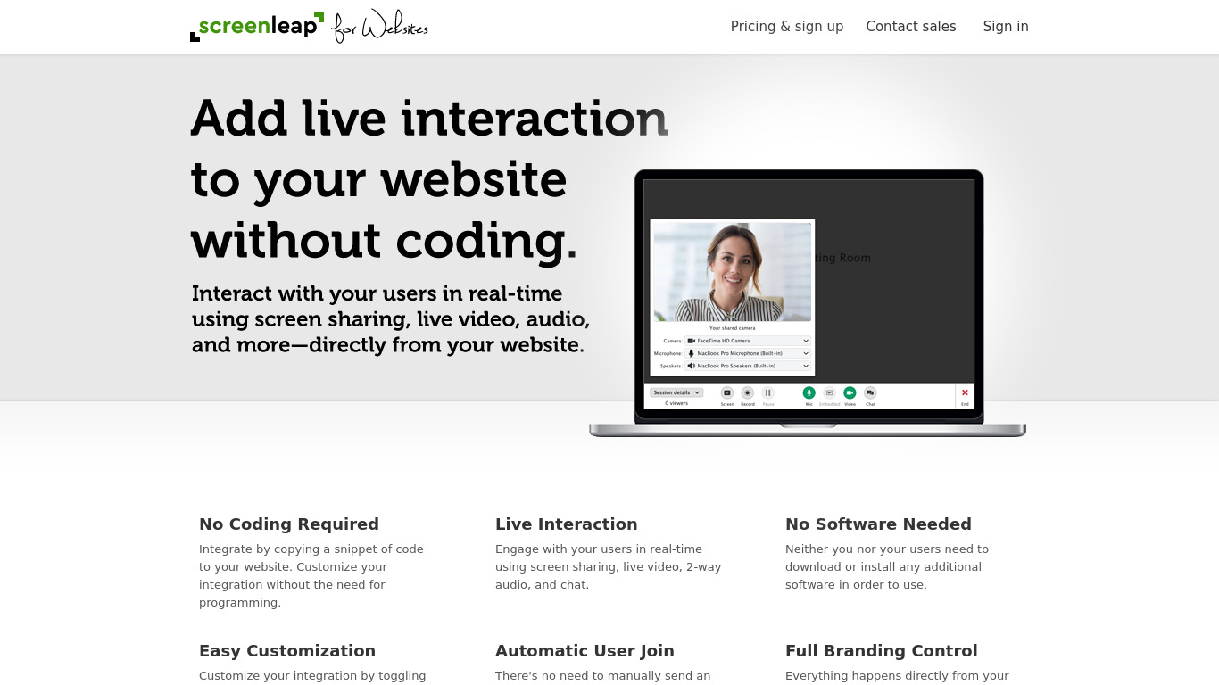 Screenleap for Websites Landing page