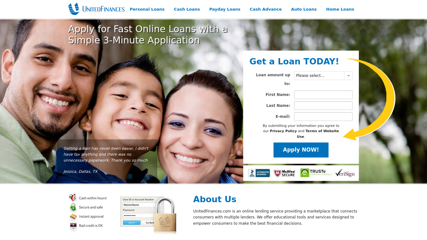 UnitedFinances.com online lending Landing page