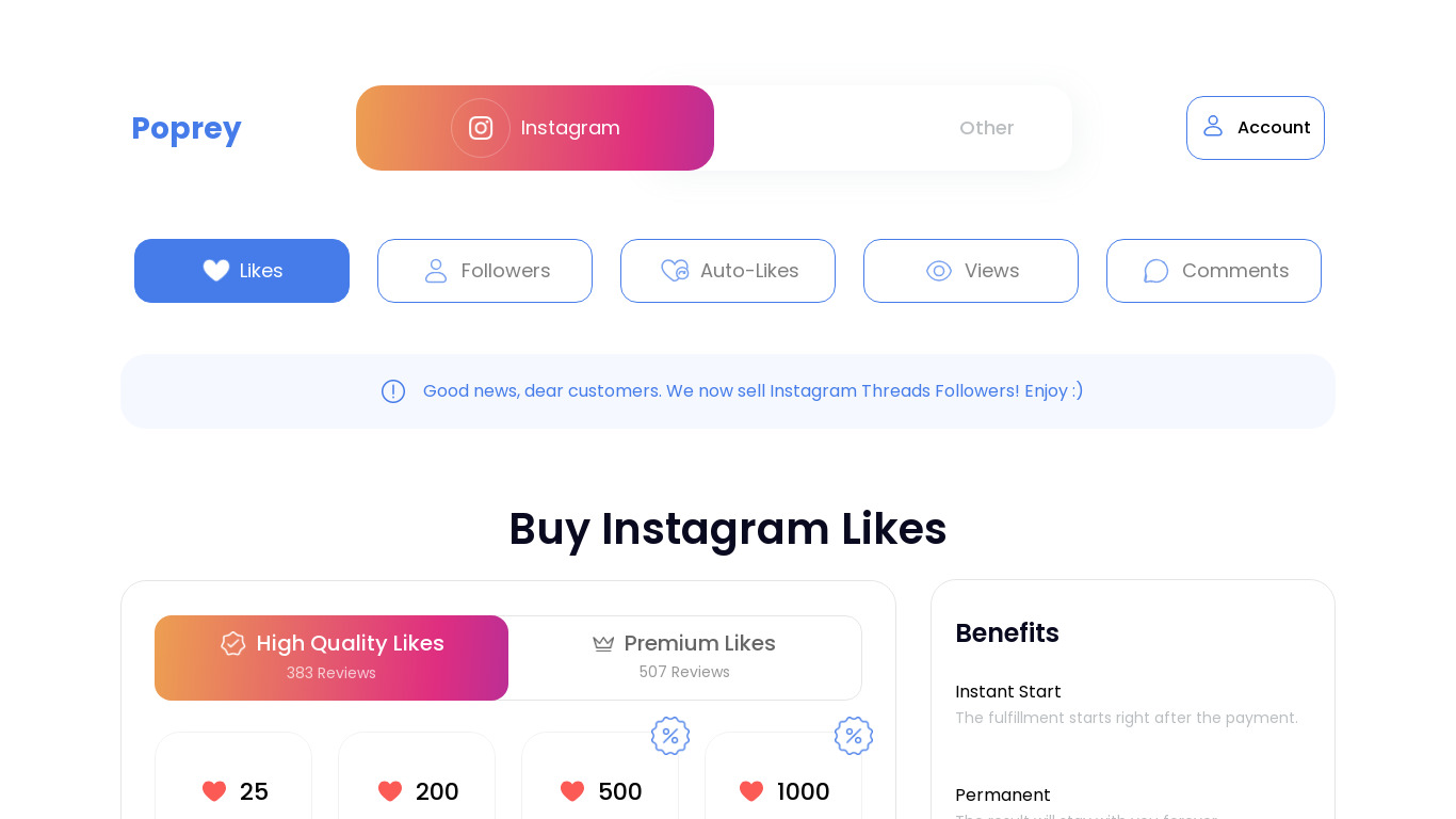 200 - 50000 Instagram likes Landing page