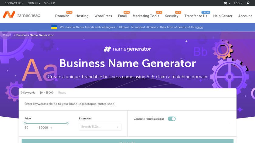 Business Name Generator (by Namecheap) Landing Page