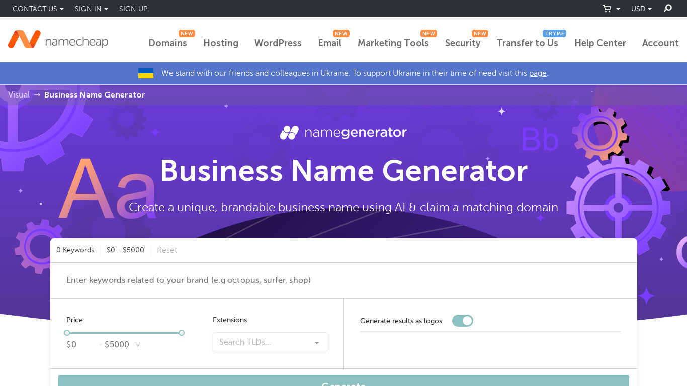 Business Name Generator (by Namecheap) Landing page