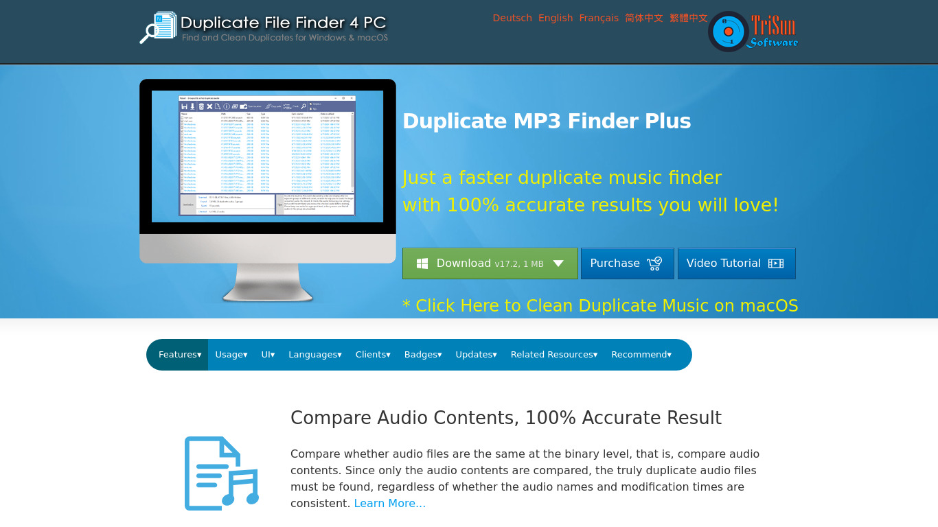 Duplicate MP3 Finder Plus Landing page
