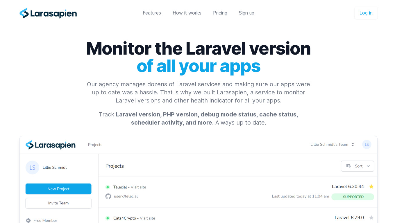 Larasapien -Laravel monitoring Landing page