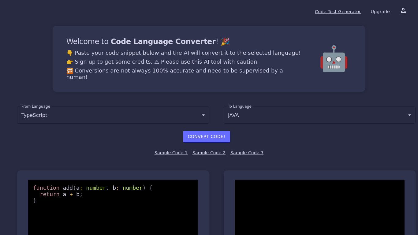 Code Language Converter Landing page