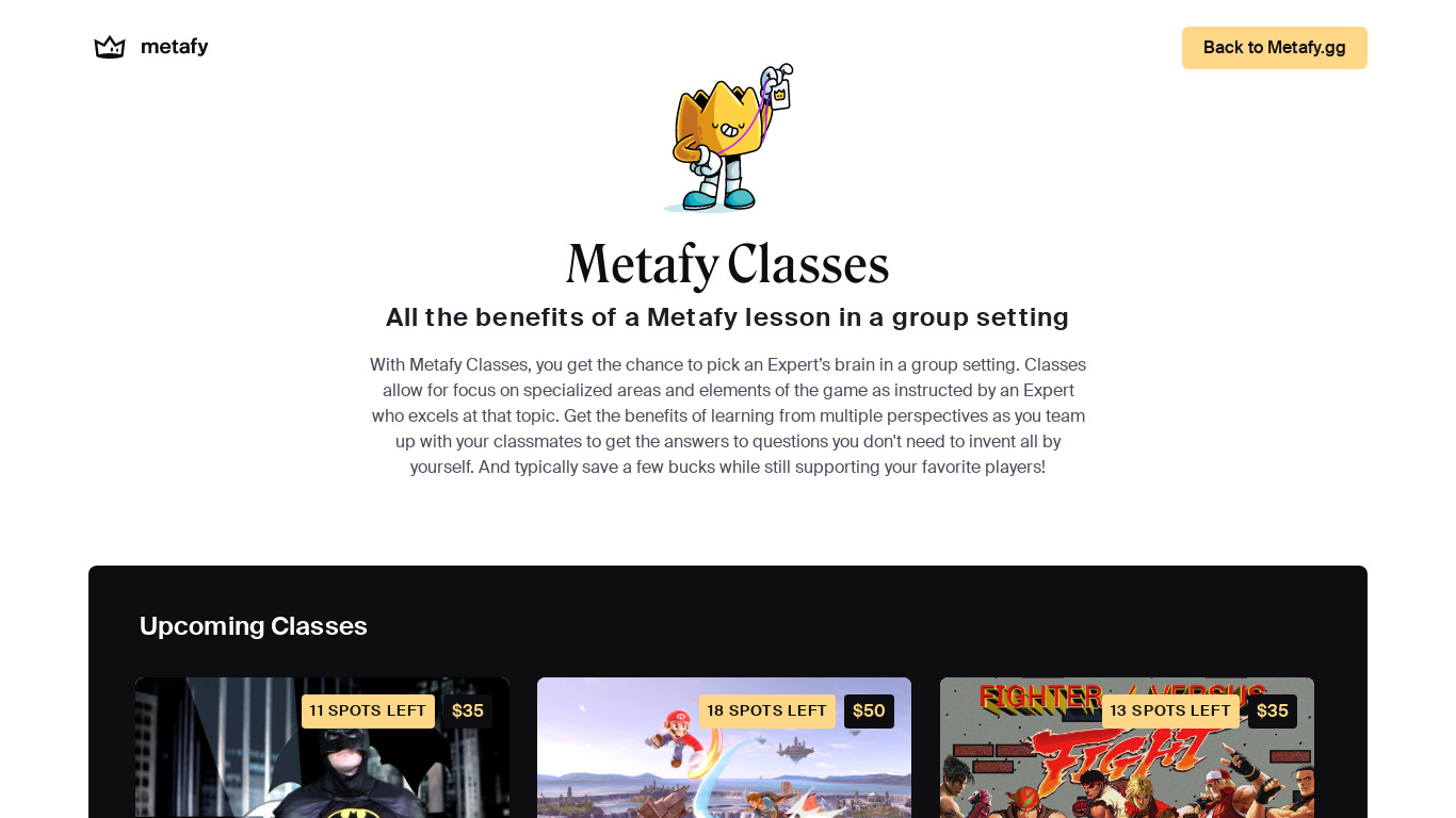 Metafy Classes Landing page