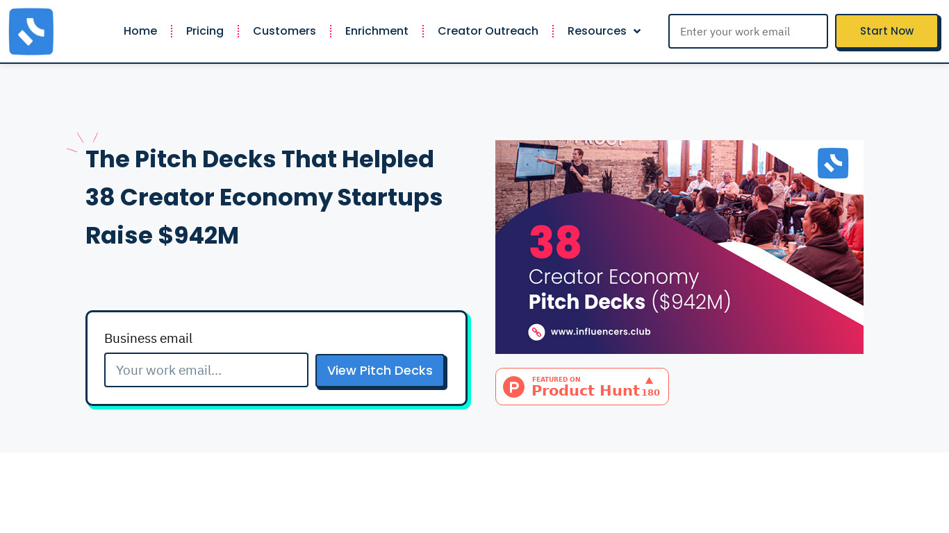 Creator Economy Pitch Decks Landing page