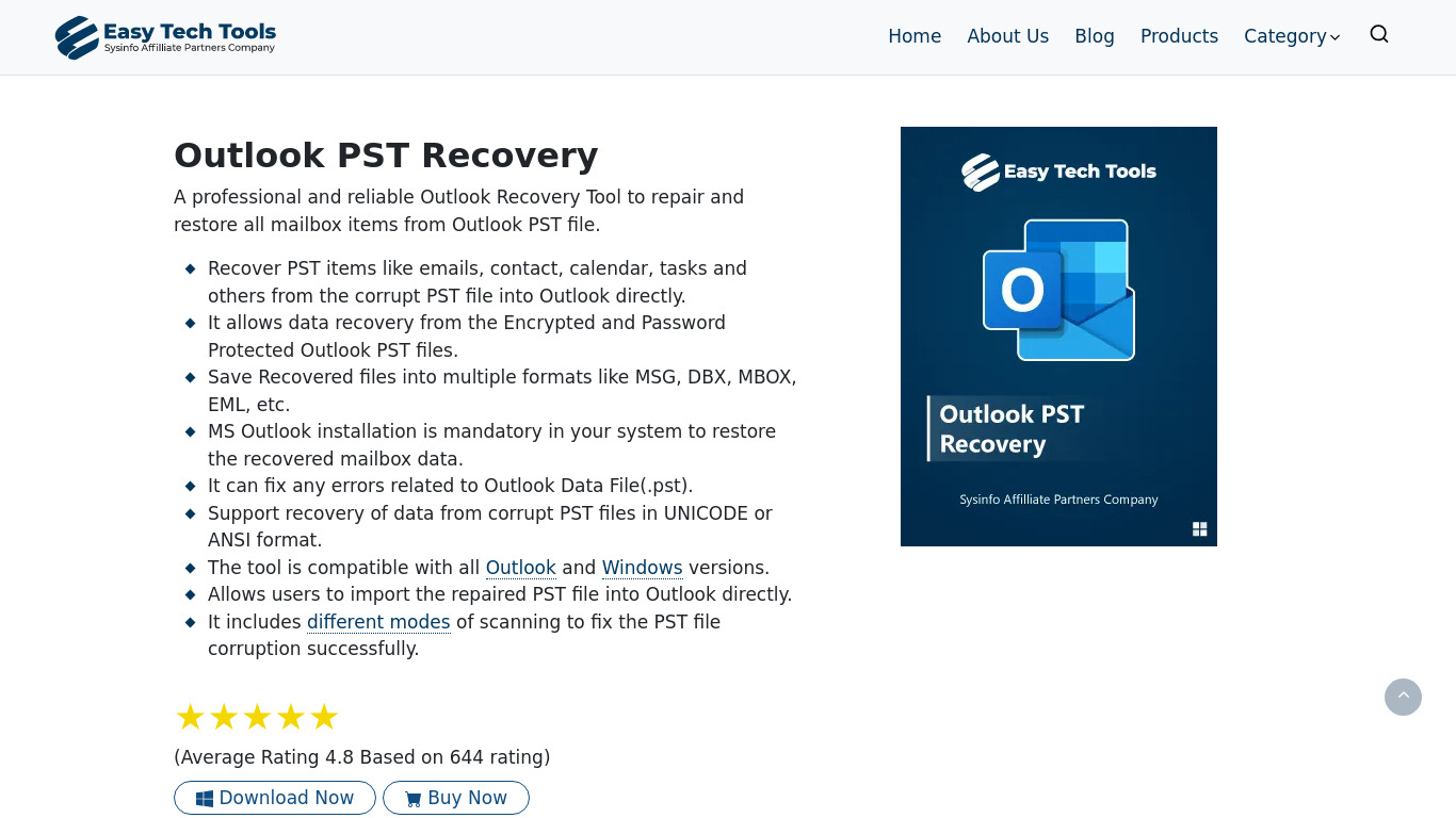 Outlook PST Recovery Landing page