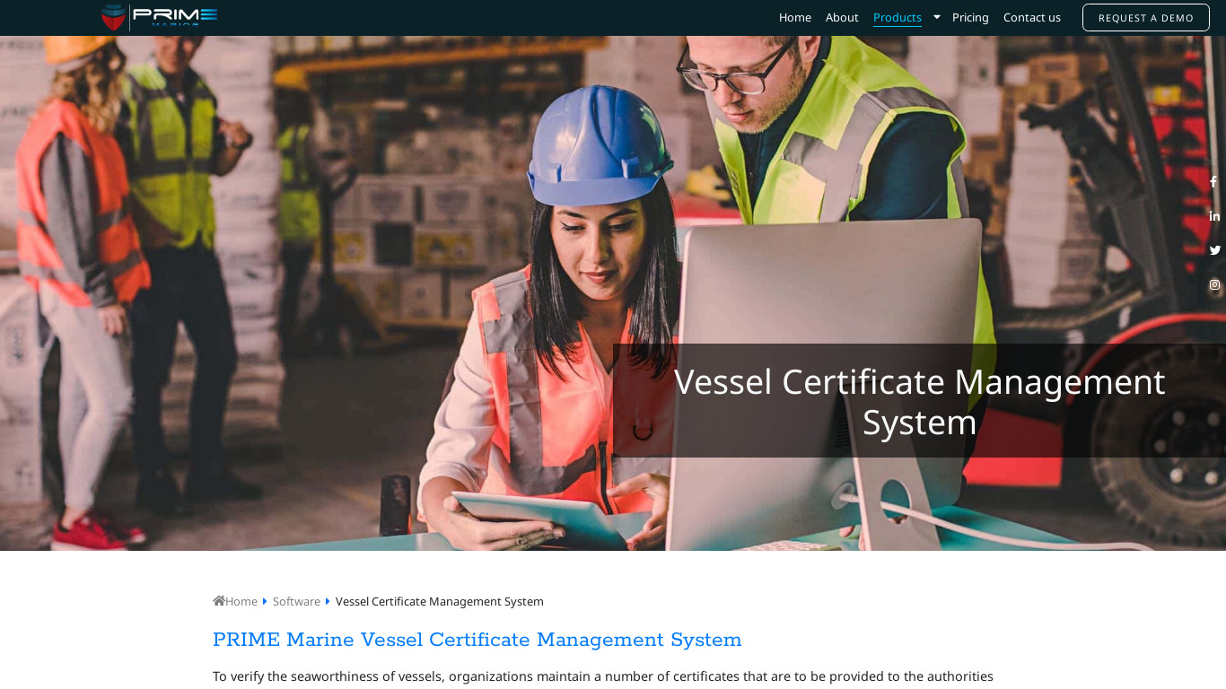 PrimeMarine Vessel Certificates Management Landing page