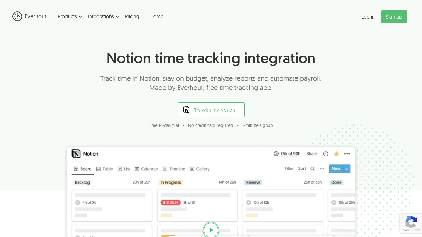 Notion time tracking by Everhour Landing page