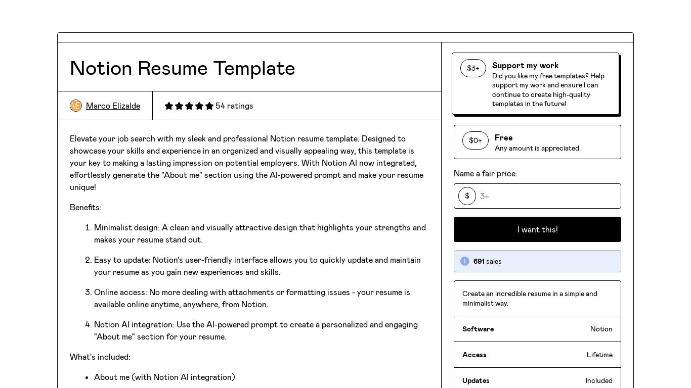 Notion Resume Template Landing page