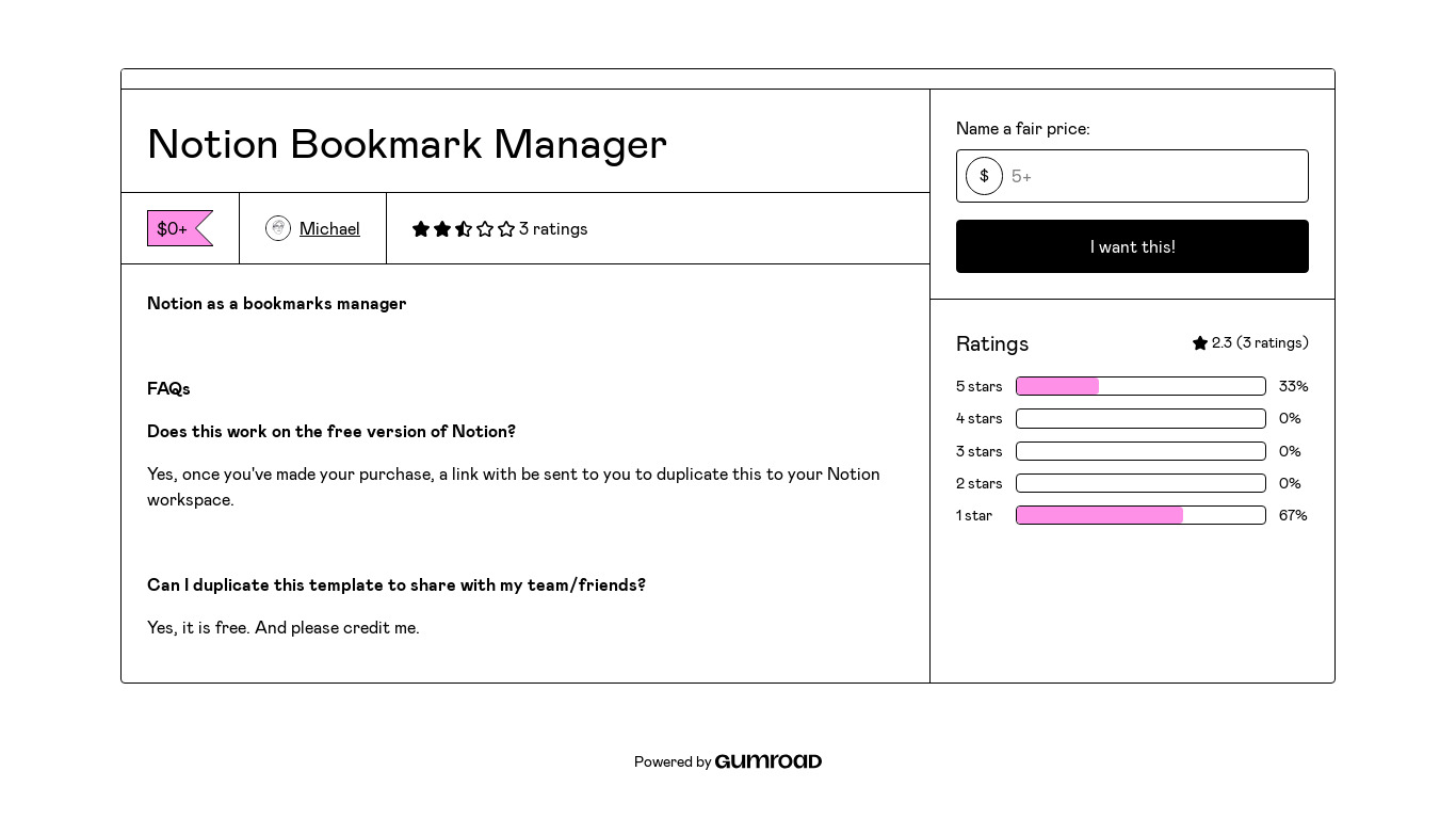 Notion Bookmark Manager Landing page