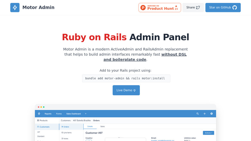 Motor Admin low-code Rails engine Landing Page